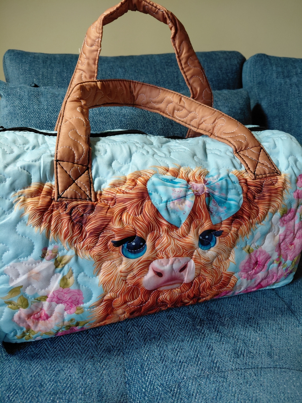 Quilted Blue Floral Cow Print Duffle Bag with Tan Handles